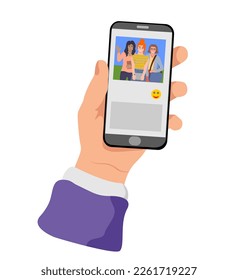 Hand touch smartphone screen and hold mobile phones with apps for watching video, social media, group calling and playing games. Friends communication. Flat vector illustration