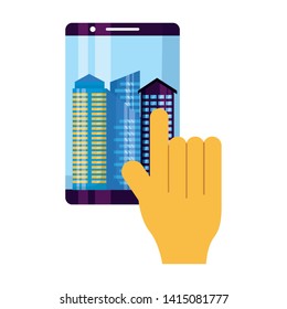 hand touch smartphone smart city vector illustration