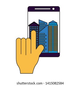 hand touch smartphone smart city vector illustration