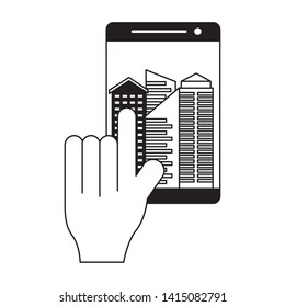 hand touch smartphone smart city vector illustration