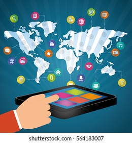 hand touch smartphone world communication connection social media vector illustration