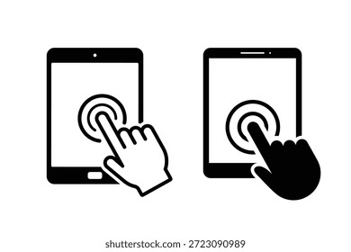Ícone do tablet com toque de mão. Clique na tela do tablet. Ícone de tela sensível ao toque. Clicando em uma tela em branco com um dedo