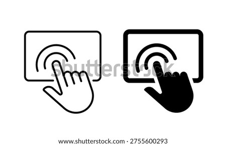 Hand touch tablet icon. Click on the tablet screen. Touch screen icon. Clicking on a blank screen with a finger