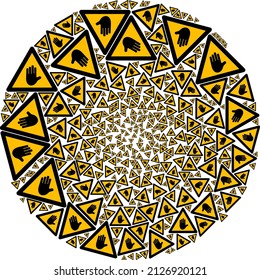Las señales de advertencia táctil manual se organizan en el grupo de esfera. Collage de la ronda del icono de advertencia táctil manual. El collage de burbujas redondeadas abstractas está diseñado con símbolos de advertencia táctil a mano.