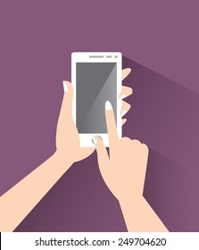 Hand touches the blank screen smart phone. Vector illustration style flat design