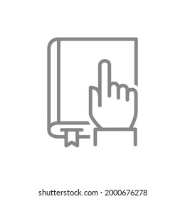 Hand touches a book line icon. Reading book, online library symbol