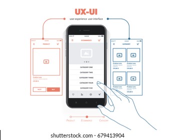 The hand touches the button of the mobile interface. User experience. User interface. Modern flat vector illustration for web, print and promotion