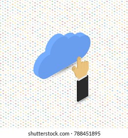Hand touches the clouds on a digital background. Abstract vector illustration.