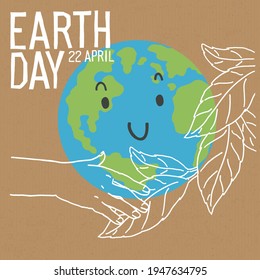 Hand touches leaf. Earth day or Save the earth concept poster. Vector illustration