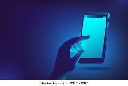 The hand touches the mobile phone screen. Vector illustration in neon blue colors. Horizontal banner template.