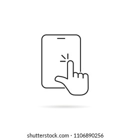 hand touches on linear tablet screen. concept of male with computer gadget like using mobile pc. contour flat style trend modern lineart graphic hitech art logo design isolated on white background