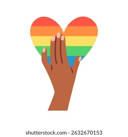 Hand touches rainbow heart. Hand drawn vector illustration.