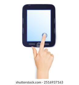 La mano toca la pantalla táctil de la tableta. Ilustración vectorial