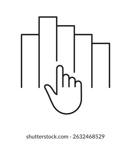 Hand Touching Bar Graph Line Icon. Data Interaction, Analytics, And User Engagement Outline Symbol. Business Intelligence And Visualization. Editable Stroke. Isolated Vector Illustration.