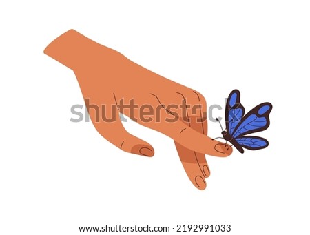 Hand touching beautiful butterfly. Winged flying insect sitting on human finger, arm. Unity, harmony with nature, entomology concept. Flat graphic vector illustration isolated on white background
