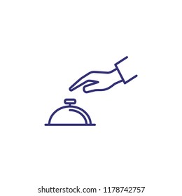 Hand touching bell service line icon. Reception, hotel, guest. Restaurant concept. Vector illustration can be used for topics like service, help, travel