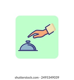 Hand touching bell service line icon. Reception, hotel, guest. Restaurant concept. Vector illustration can be used for topics like service, help, travel