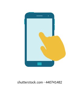Hand touching blank screen. Mobile Phone flat icon. Vector illustration. Isolated on a white background.