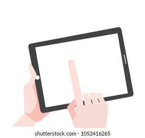 Hand touching blank screen of tablet computer. Using digital tablet pc similar to ipad, flat design concept.