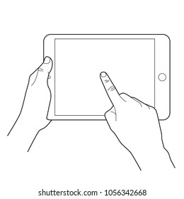 Hand touching blank screen of tablet computer. Simple outlined vector icon. White background.