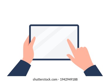 A hand is touching a blank screen of a tablet. Using digital tablet computer. Vector flat illustration.