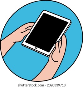 Hand touching blank screen of tablet computer. Using a digital tablet pc similar, flat design concept. EPS 8 vector illustration.