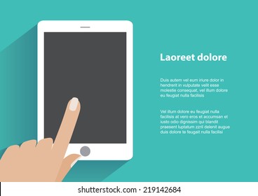 Hand touching blank screen of tablet computer. Using digital tablet pc similar to ipad, flat design concept. Eps 10 vector illustration