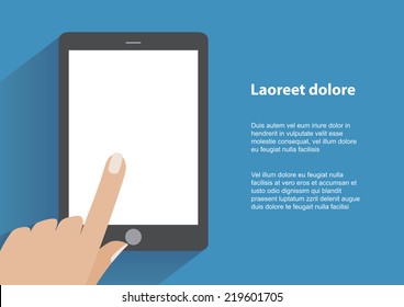 Hand touching blank screen of tablet computer. Using digital tablet pc similar to ipad, flat design concept. Eps 10 vector illustration