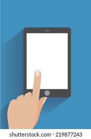 Hand touching blank screen of tablet computer. Using digital tablet pc, flat design concept. Eps 10 vector illustration