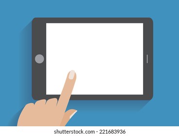 Hand touching blank screen of tablet computer. Using digital tablet pc similar to ipad, flat design concept. Eps 10 vector illustration