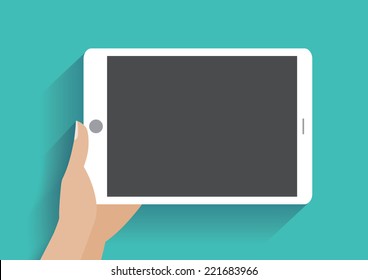 Hand touching blank screen of tablet computer. Using digital tablet pc similar to ipad, flat design concept. Eps 10 vector illustration