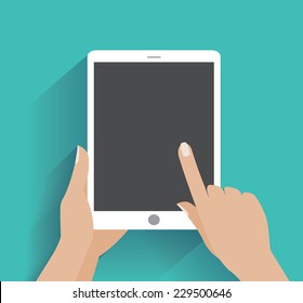 Hand Touching Blank Screen Of Tablet Computer. Using Digital Tablet Pc Similar To Ipad, Flat Design Concept. Eps 10 Vector Illustration