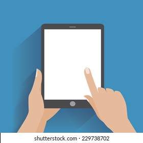 Hand Touching Blank Screen Of Tablet Computer. Using Digital Tablet Pc Similar To Ipad, Flat Design Concept. Eps 10 Vector Illustration