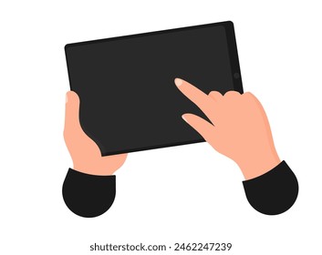 Hand touching blank screen of tablet computer