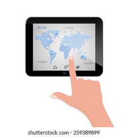 Hand touching blank screen of tablet computer. Using digital tablet pc