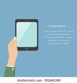 Hand touching blank screen of tablet computer. Using digital tablet pc similar to ipad, flat design concept