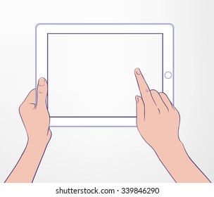 Hand touching blank screen of tablet computer same as ipade. Using digital wireless technology, design concept. Stylish vector illustration isolated on white can be used as a mockup.