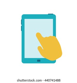 Hand touching blank screen. Tablet computer flat icon. Vector illustration. Isolated on a white background.