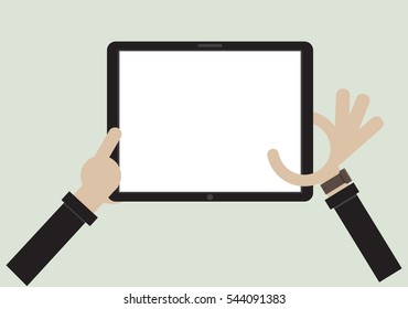 Hand touching blank screen of tablet computer. Using digital tablet pc similar to ipad, flat design ,business technology concept.