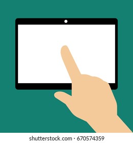 Hand touching blank screen of tablet computer. Using digital tablet pc similar, flat design concept. Vector illustration