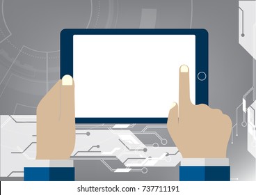 Hand touching blank screen of tablet computer. Hands of businessman Using digital tablet, flat design concept,Vector illustration