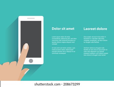 Hand touching blank screen of white smartphone. Using mobile smart phone similar to iphon, flat design concept. Eps 10 vector illustration