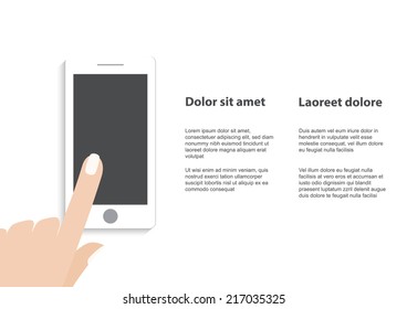 Hand touching blank screen of white smartphone. Using mobile smart phone similar to iphon, flat design concept. Eps 10 vector illustration