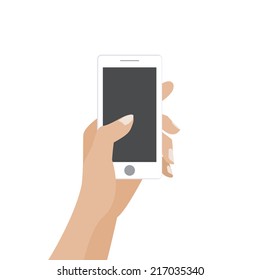 Hand touching blank screen of white smartphone. Using mobile smart phone similar to iphon, flat design concept. Eps 10 vector illustration