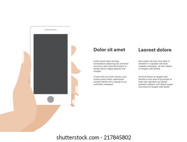 Hand touching blank screen of white smartphone. Using mobile smart phone similar to iphon, flat design concept. Eps 10 vector illustration