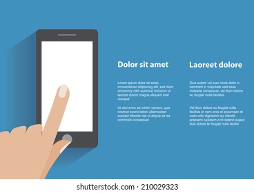 Hand touching blank white screen of black smartphone. Using mobile smart phone, flat design concept. Eps 10 vector illustration