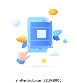 Hand touching book on smartphone screen. Concept of e-book reading application for mobile phone, electronic app for online learning. Modern colorful vector illustration in 3d style for banner, poster.