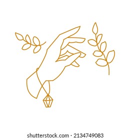 Hand touching branch Outline illustration