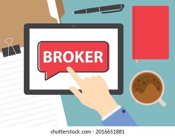 hand touching broker banner on tablet screen- vector illustration