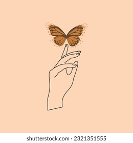 Hand Touching The Butterfly. Astrological Items Vector Design.